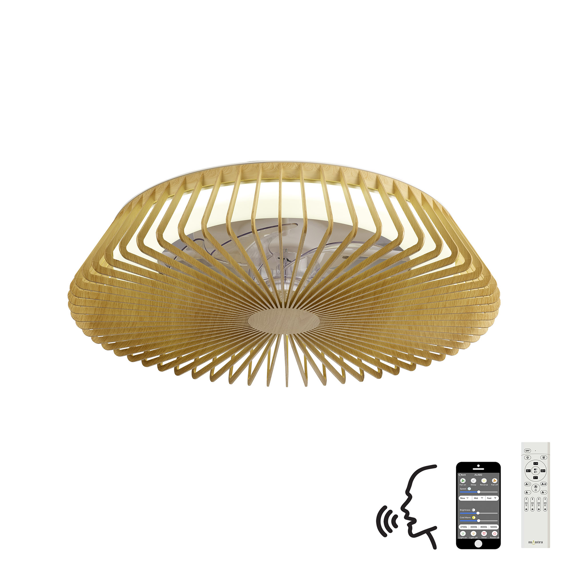 M7128  Himalaya 70W LED Dimmable Ceiling Light & Fan, Remote / APP / Voice Controlled Wood Effect